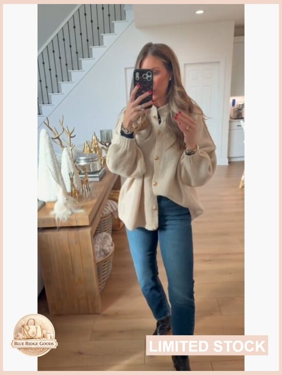 Oversized Chunky Knit Cardigan Lantern Sleeve Button Up Soft Cozy Fall Sweater - Picture 6 of 7